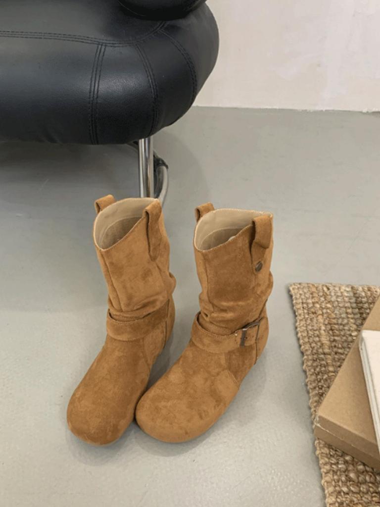 Round head inner heightening belt buckle short boots spring and autumn flat bottom stacking boots