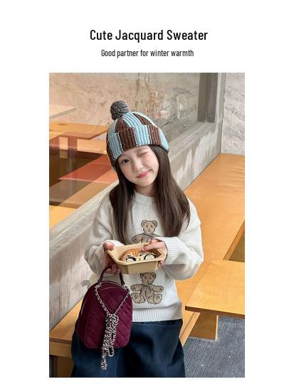 YOJIA Girls' Cartoon Sweater - Winter 2025, Fashionable Warm Knitwear