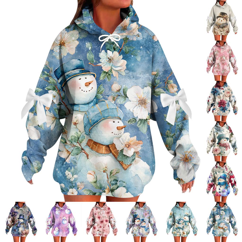 Ladies' Christmas Printed Bow Long Sleeved Loose Fitting Headband With Rope Hooded Sweatshirt Top