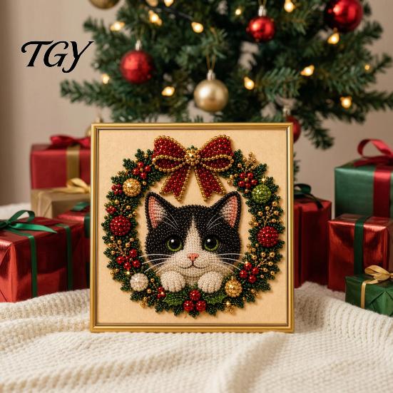 Christmas Themed DIY Projects Faux Pearl Art Kit, Xmas Hat Cat Dog Painting Holiday Home Decor Ornaments 3D Puppy Bead Craft Kit for Adults,