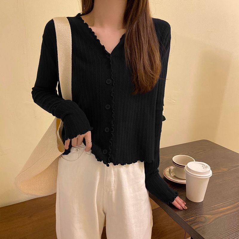 Large Size Women's Spring and Autumn Knitted Cardigan, White Bottoming Shirt, Long-sleeved Versatile Fat Mm Belly-covered V-neck Shirt