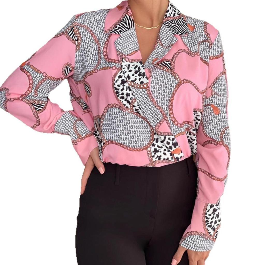 2023 Autumn V-neck Long Sleeve Printed Loose Pullover Blouse for Women
