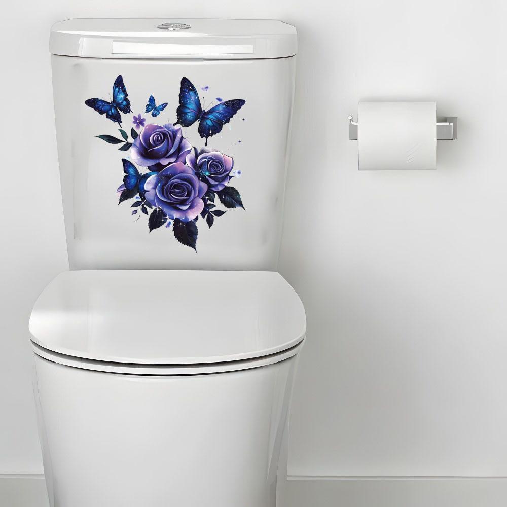 Self-adhesive Waterproof Toilet Seat Stickers Purple Rose Butterfly for Bathroom Decor
