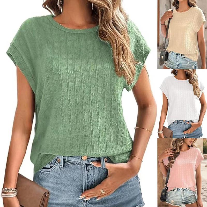 Ladies Summer Short Sleeve O Neck Solid Color Jacquard Plaid Pullover T Shirt Top