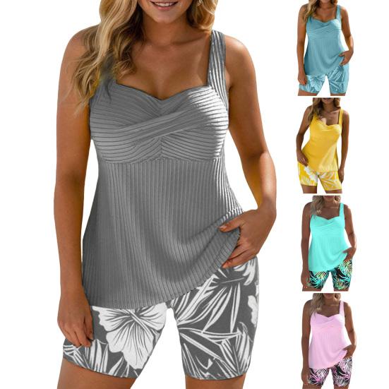2Pcs/Set Women Swimsuit Sling Padded Tops Leaf Printing Swimming Trunks Set Quick-Dry Fabric Vacation Activities Beachwear