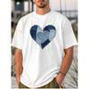 European Sizes Men's White T-shirt, Denim Patchwork Heart Design