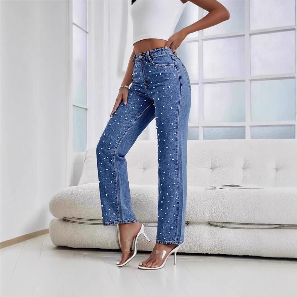 Denim Pants Fashion Beaded Jeans Wide-Leg Pants Female Tide Spring and Summer High Waist Loose Mop Pants