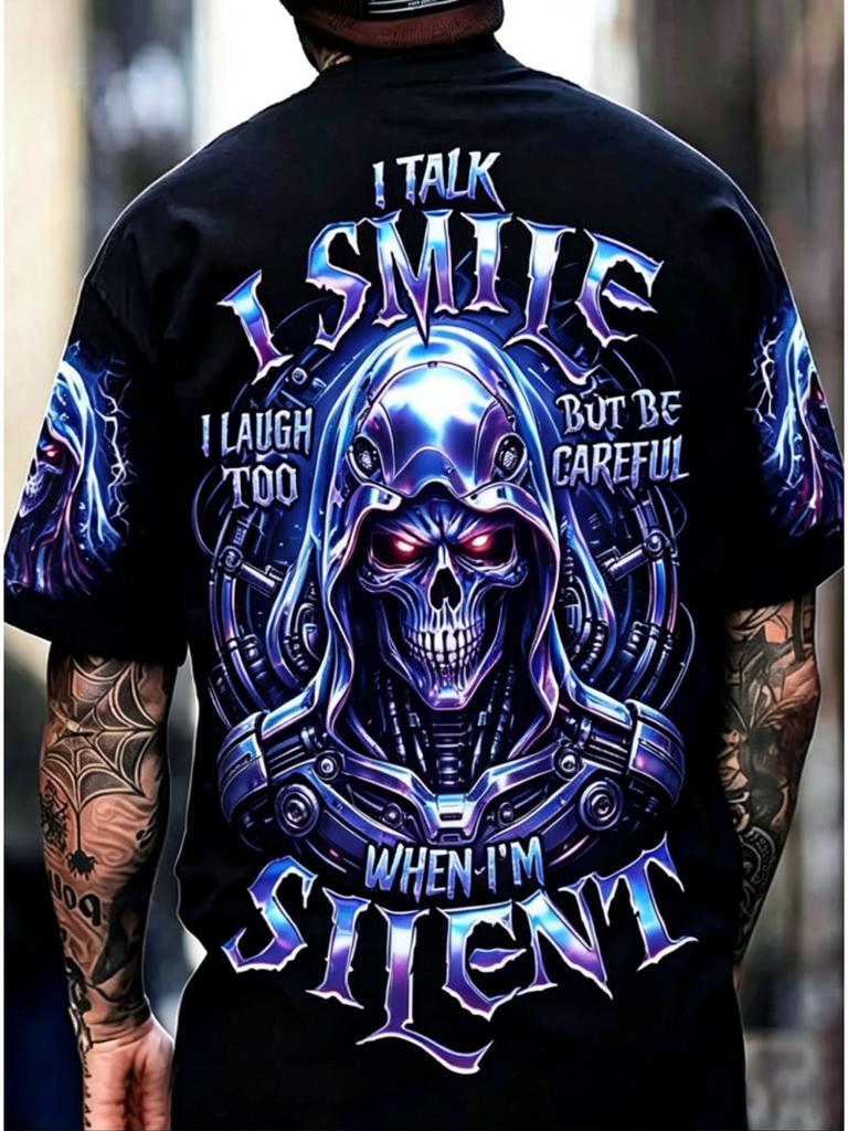 Men's Skull Full Back Print Short Sleeve T-Shirt Hardcore Dark Style Casual Top A Fashionable and Perfect Gift