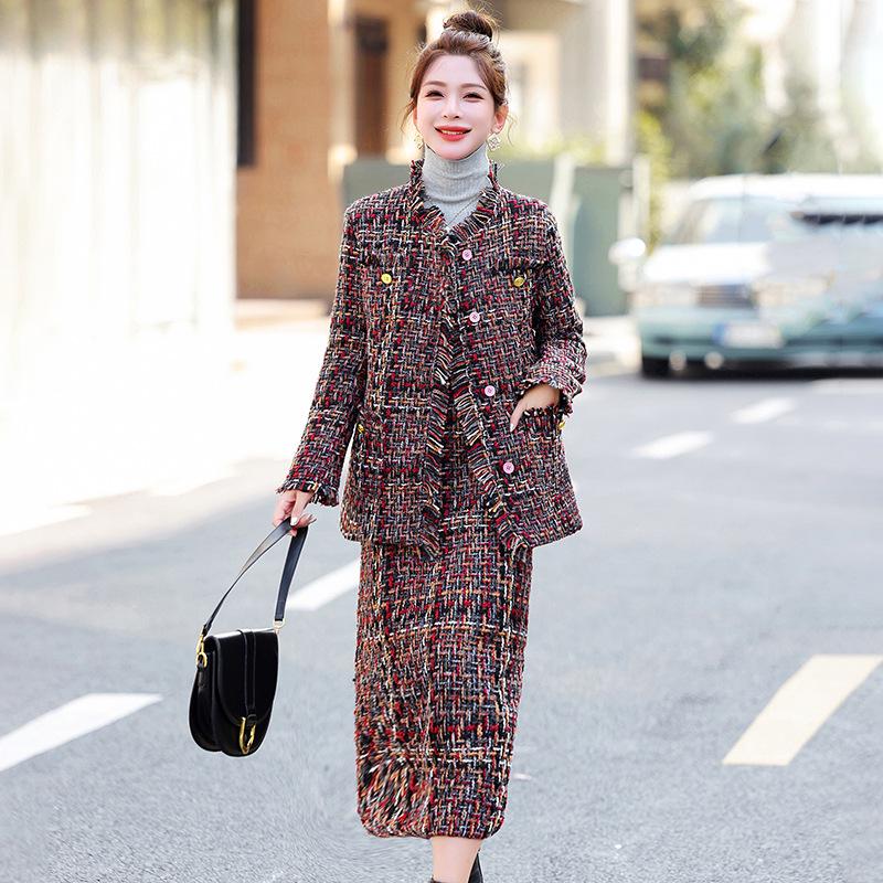 Chic Winter Plaid Jacket & Skirt Cotton Set HM2872
