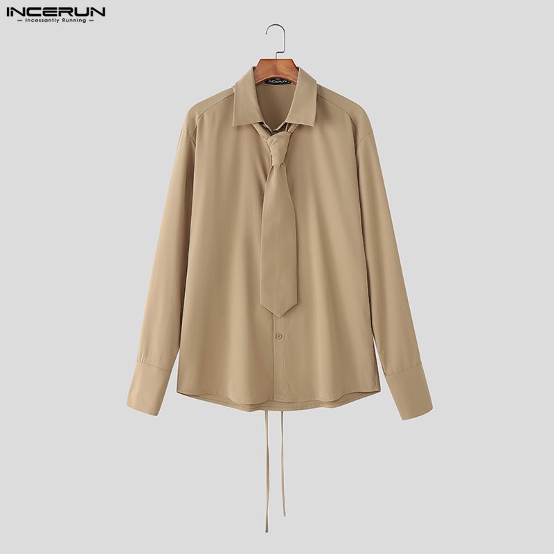 INCERUN S-5XL Men Casual Lapel Neck Long Sleeve Lace-up Waist Loose Shirts Tops
