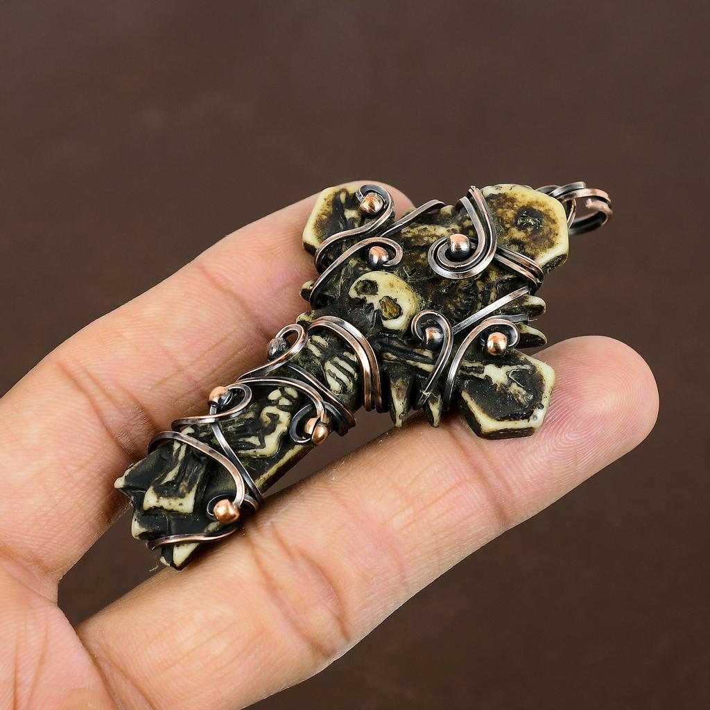 Natural Tribal Bone Cross Gemstone Handmade Copper Wire Wrap Pendant 3.15" n9M31