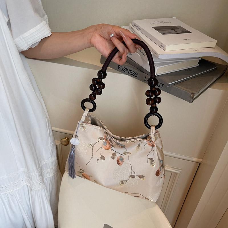 Retro Beige Embroidery Handbag Women Beaded Handle Large Capacity Shoulder Bag Ladies Elegant Luxury High End Underarm Bags