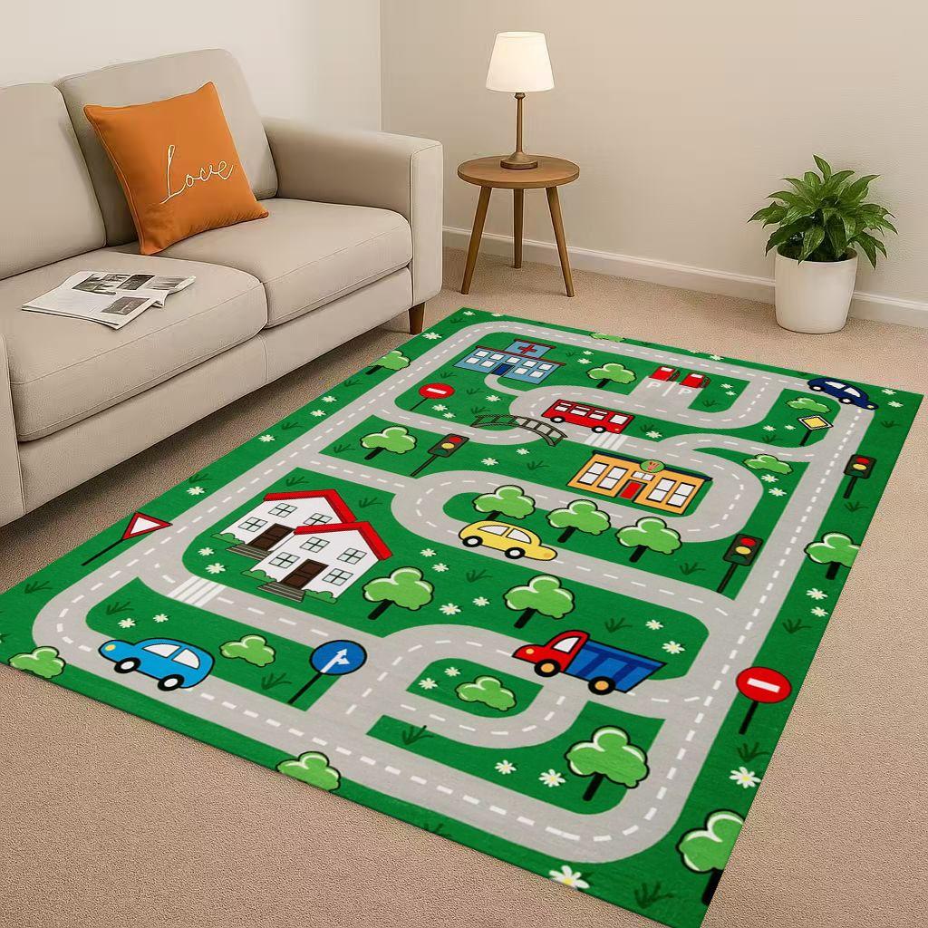 City Street Road Traffic Race Track Child Interaction Game Cartoon Living Room Kid Playroom Non-Slip Area Rug Carpet for Bedroom