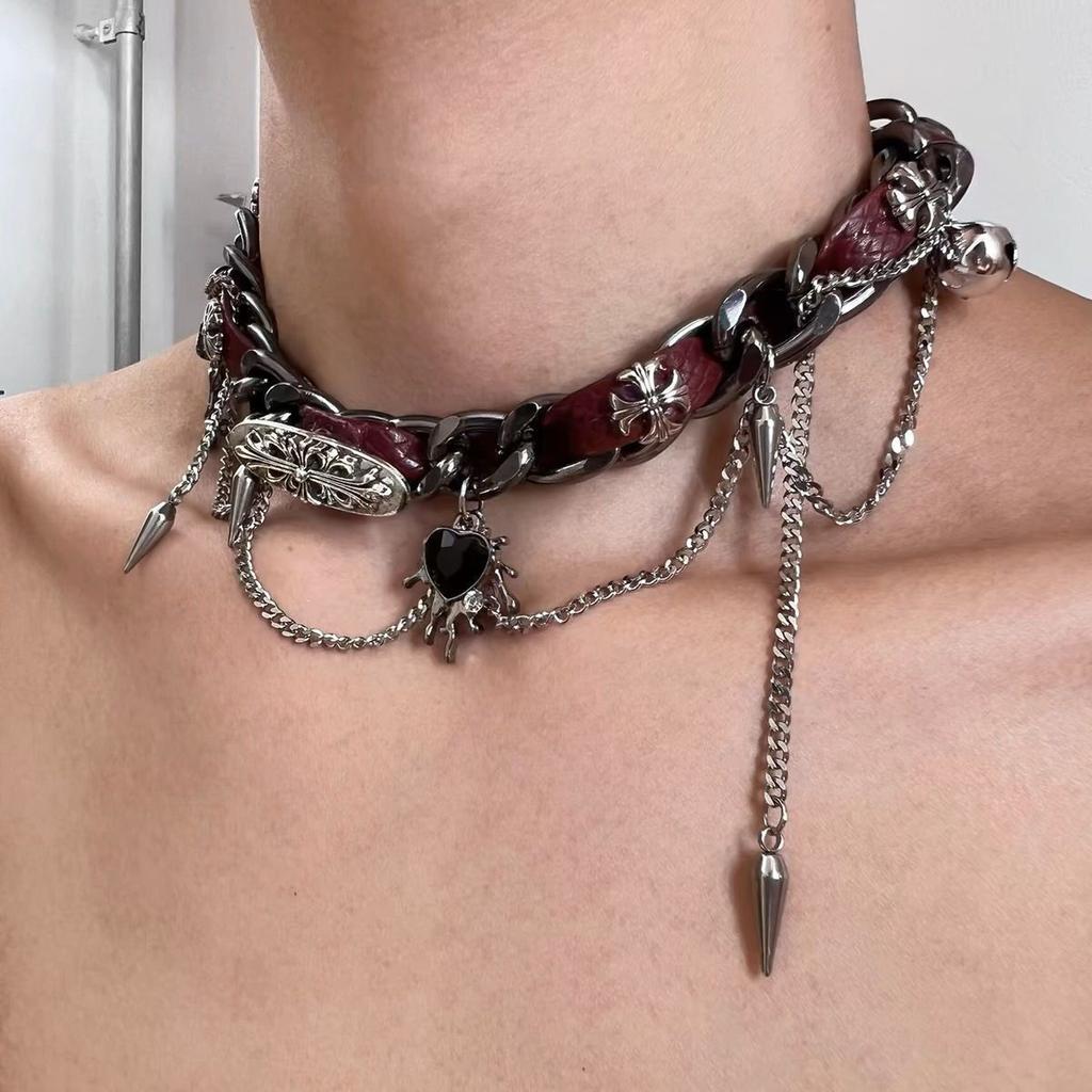 Wrapped Riveted Metal Leather Collar, Punk Heart-shaped Girl Y2k Subculture Niche Necklace