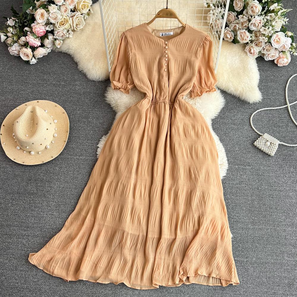 Summer Vintage Long Dress For Women Puff Short Sleeve Elegant Slim Black Maxi Dresses Pink Khaki Green White