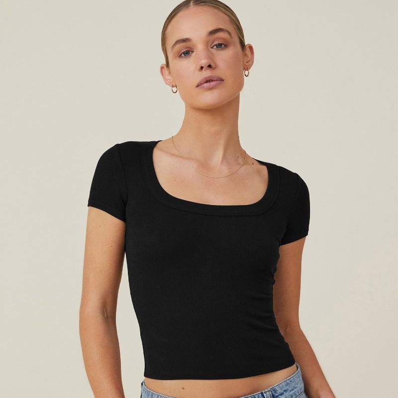 Y2K Summer Short Sleeve Slim Fit Crop T-shirts Women Fashion New Square Neck Elegant Casual T shirts Tops Simple Office Ladies Base Tee Shirt 26505