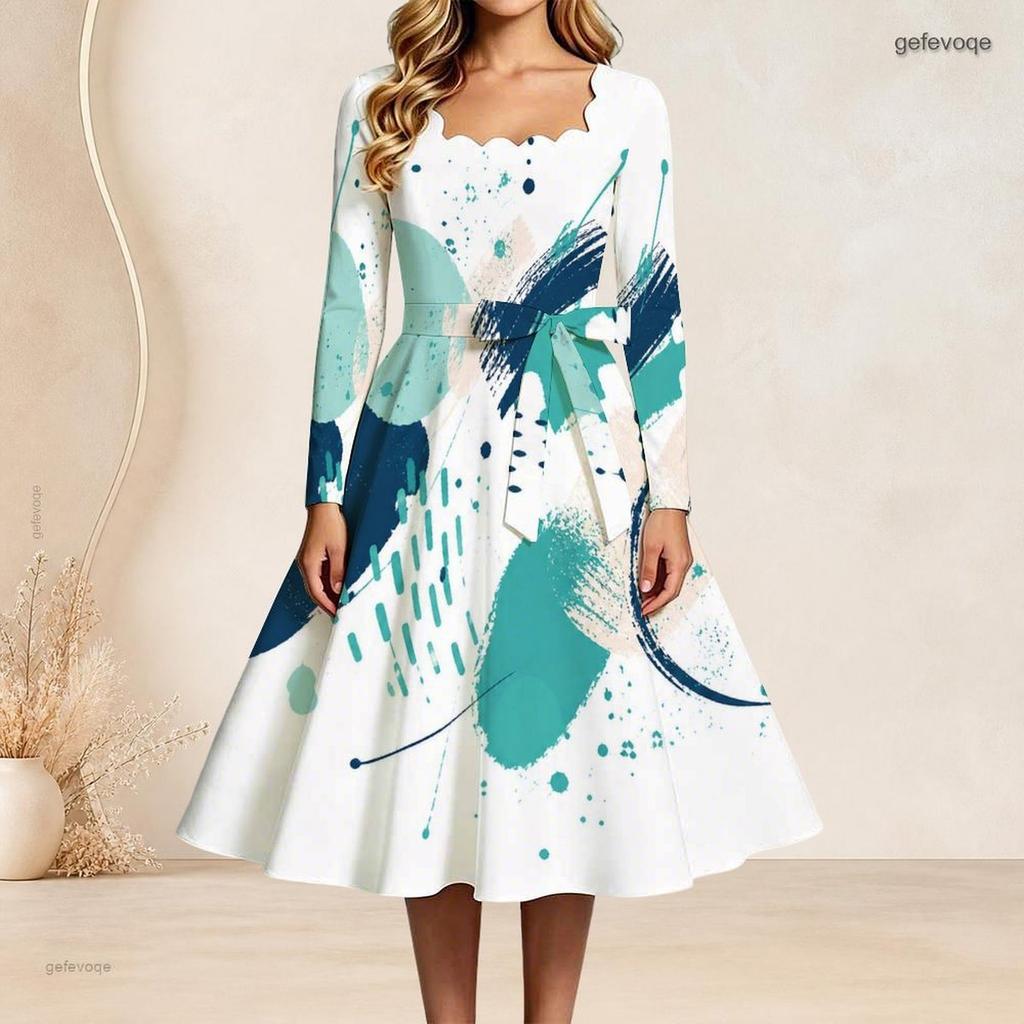Womens Plus Size Square Neck Long Sleeve Abstract Botanical Printed Belted A Line Dress
