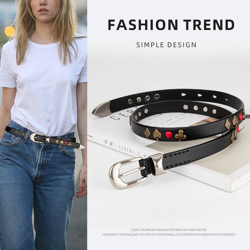 Trendy High-end Punk Style Rivet Leather Belt Women's Personality Color Poker Decoration Jeans Belt Belt