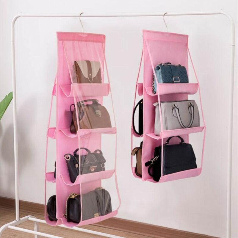 6/8 Pockets Clear Hanging Handbag Organizer, Multi-Shelf Tote Bag Storage Rack with Swivel Hook for Wardrobe Closet