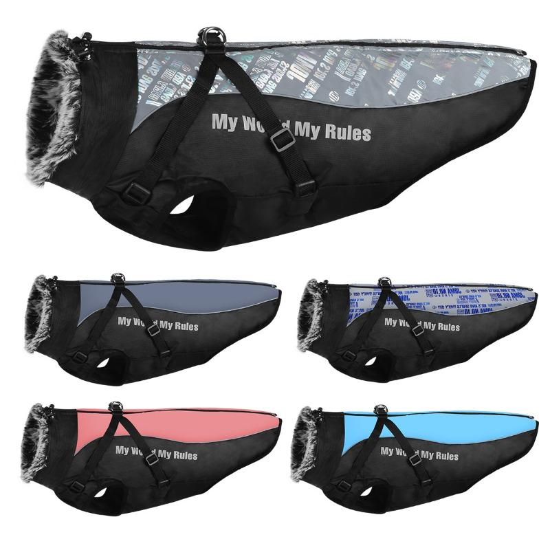 Reflective Warm Large Dog Winter Jacket Windproof Waterproof Fleece Collar Cotton Coat with Leash Hole Pet Outdoor Clothes