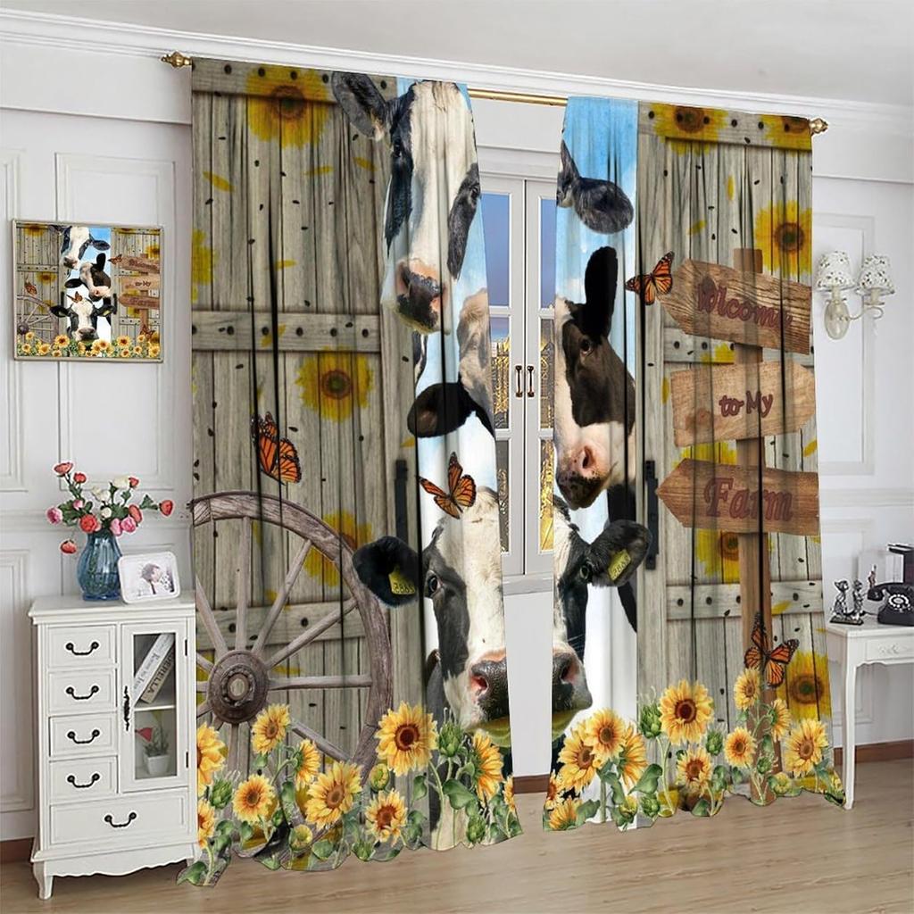 Farmhouse Cow Curtain Funny Animal Butterfly Sunflower Cow Curtains for Western Barn Door Printed Rod Pocket Window Treatments