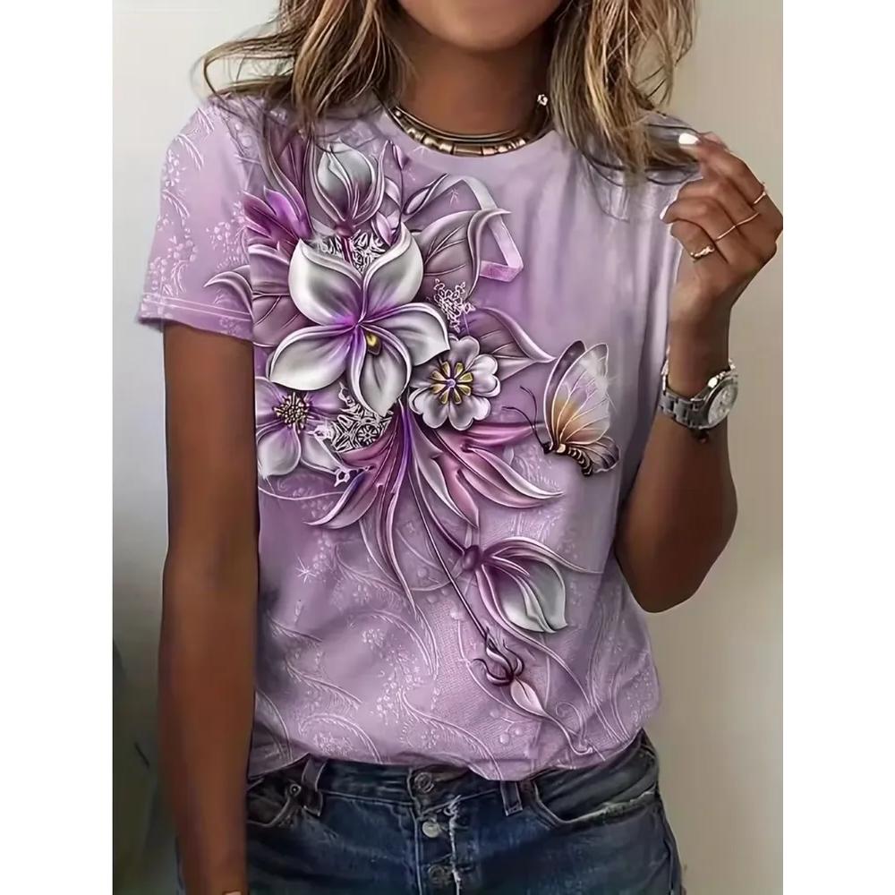 Comfortable Simple Flower Print Top Fashionable Versatile Women's Short-sleeved Casual Loose T-Shirts Women’s