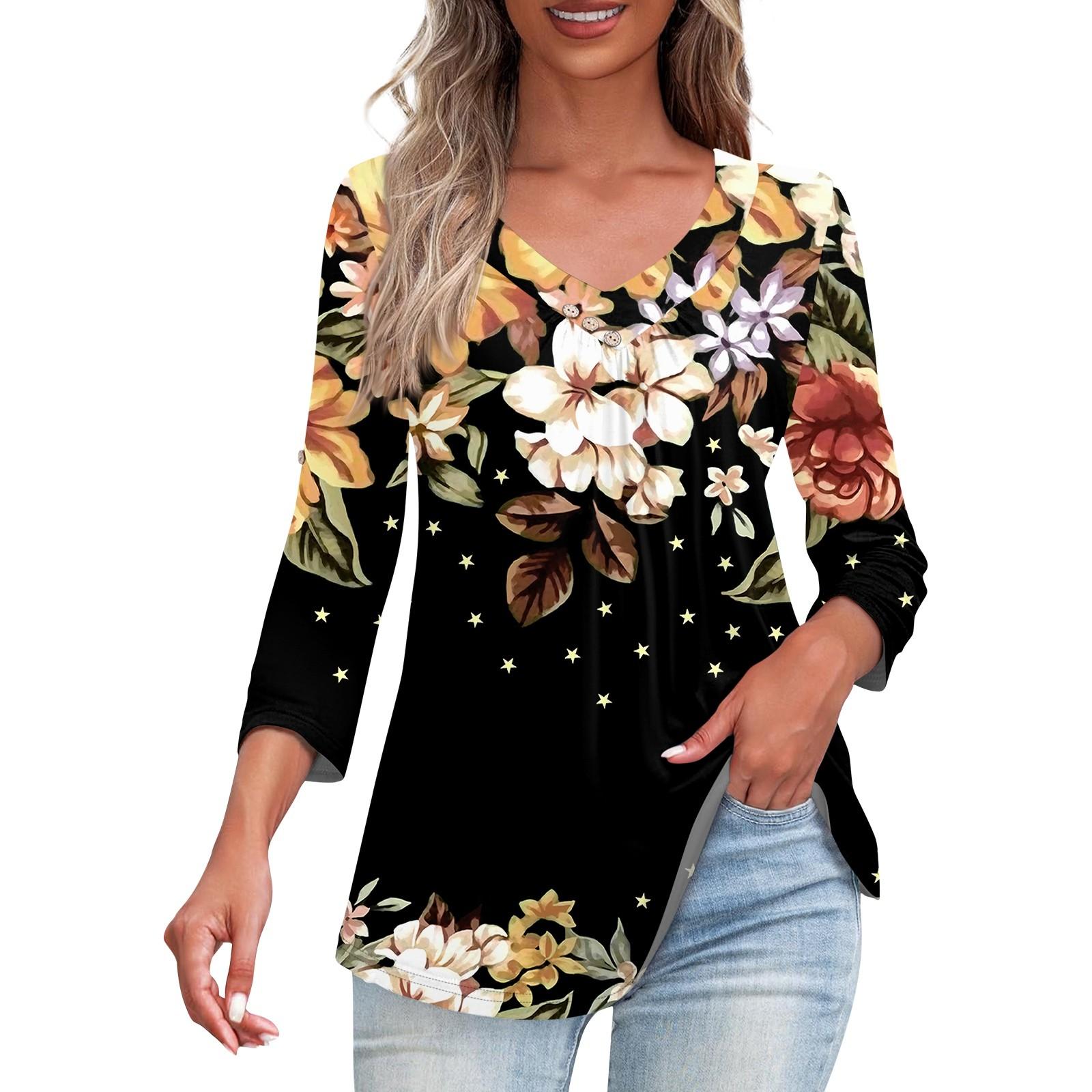 

Рубашки для женщин, модные футболки на пуговицах с v-образным вырезом, повседневные летние футболки с принтом, футболка, блузка, топы с рукавами три четверти для женщин XXXL чёрный