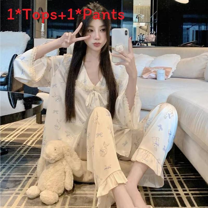 Ice Snow Silk Bunny Collar Pajamas Set With Lace Trim For Girls Home Wear