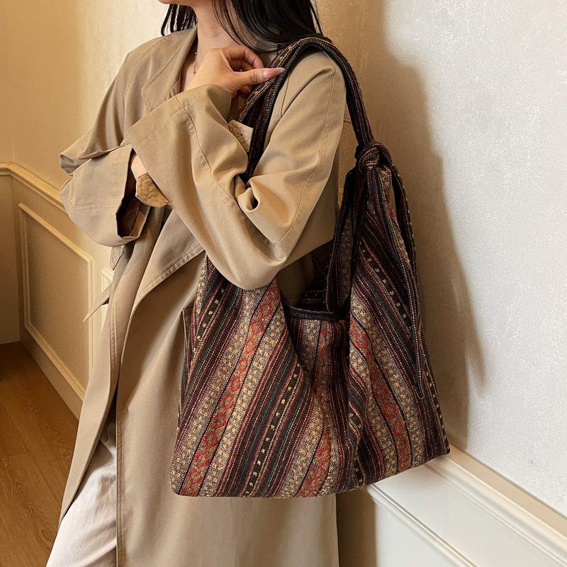 Lazy wind tote bag large capacity women's new retro oblique span bag fashionable versatile canvas bag striped shoulder bag