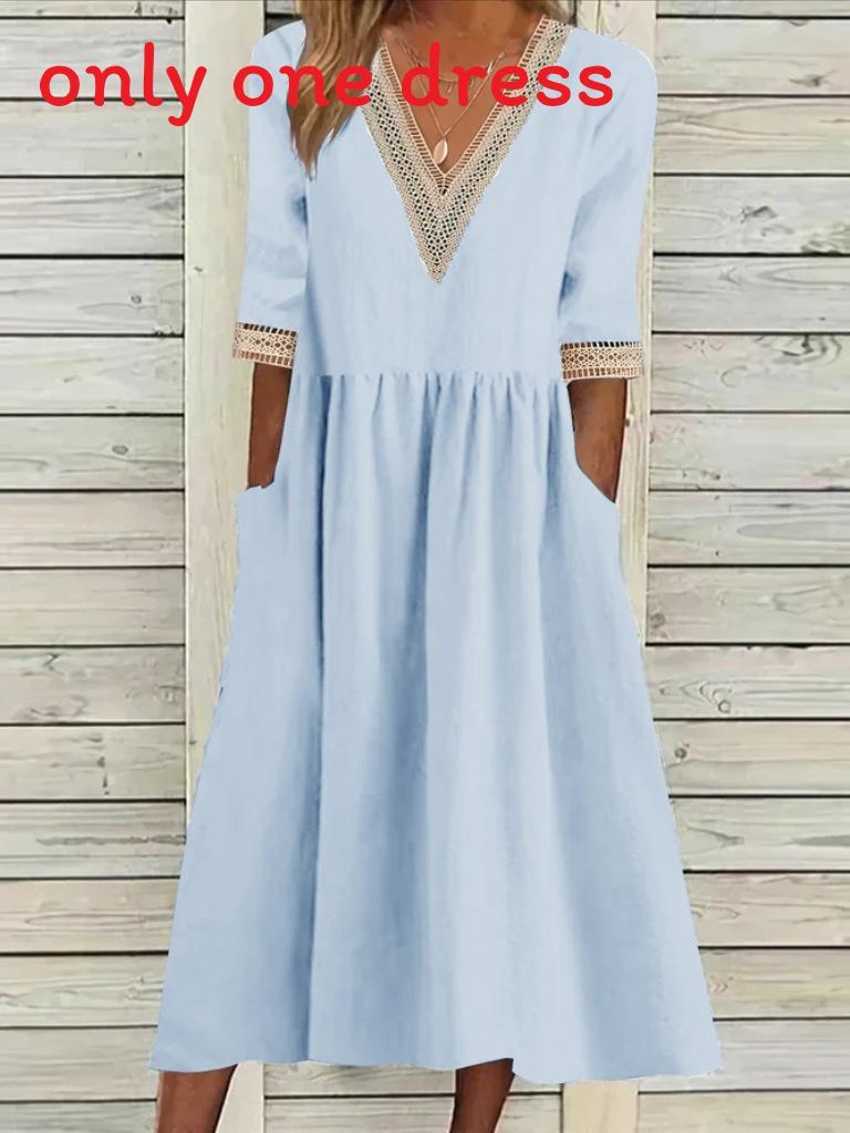 Cotton Linen Midi Dress With Ruffle Details For Office Women