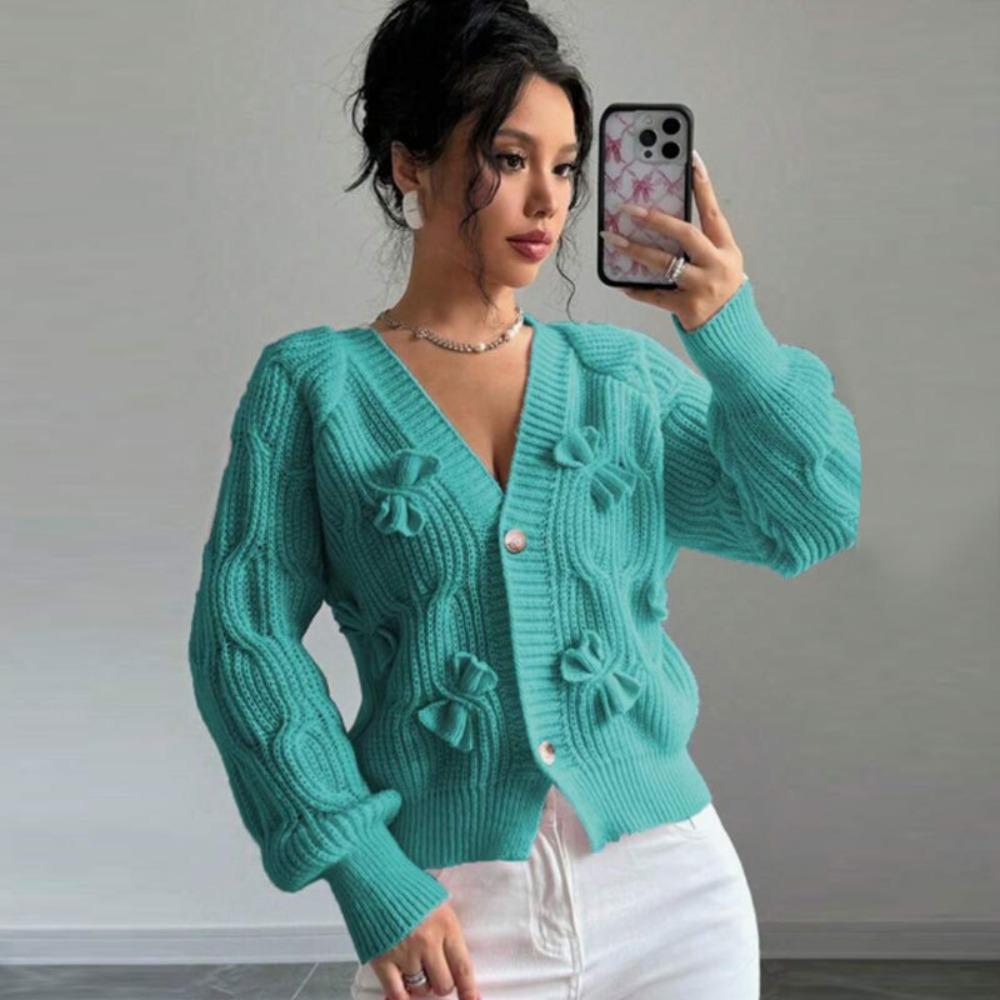 Women's V‑Neck Long Sleeve Knit Cardigan Loose Fit Commuter Style 3D Bow Decor Sweater