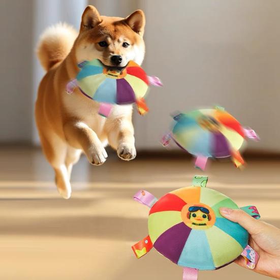 

Flying Disc Soft Dog Toy Rainbow Plush Flying Saucer Pet Toss Toy with Bell Interactive Outdoor Training Puppy Chew Toy for Small Medium Large Dogs D