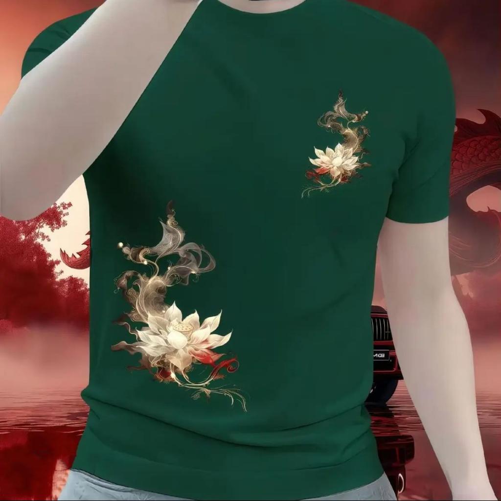 Men's Short-sleeved T-shirt In Spring and Summer New National Trend-style Printed Micro-slim and Versatile Round Neck Top