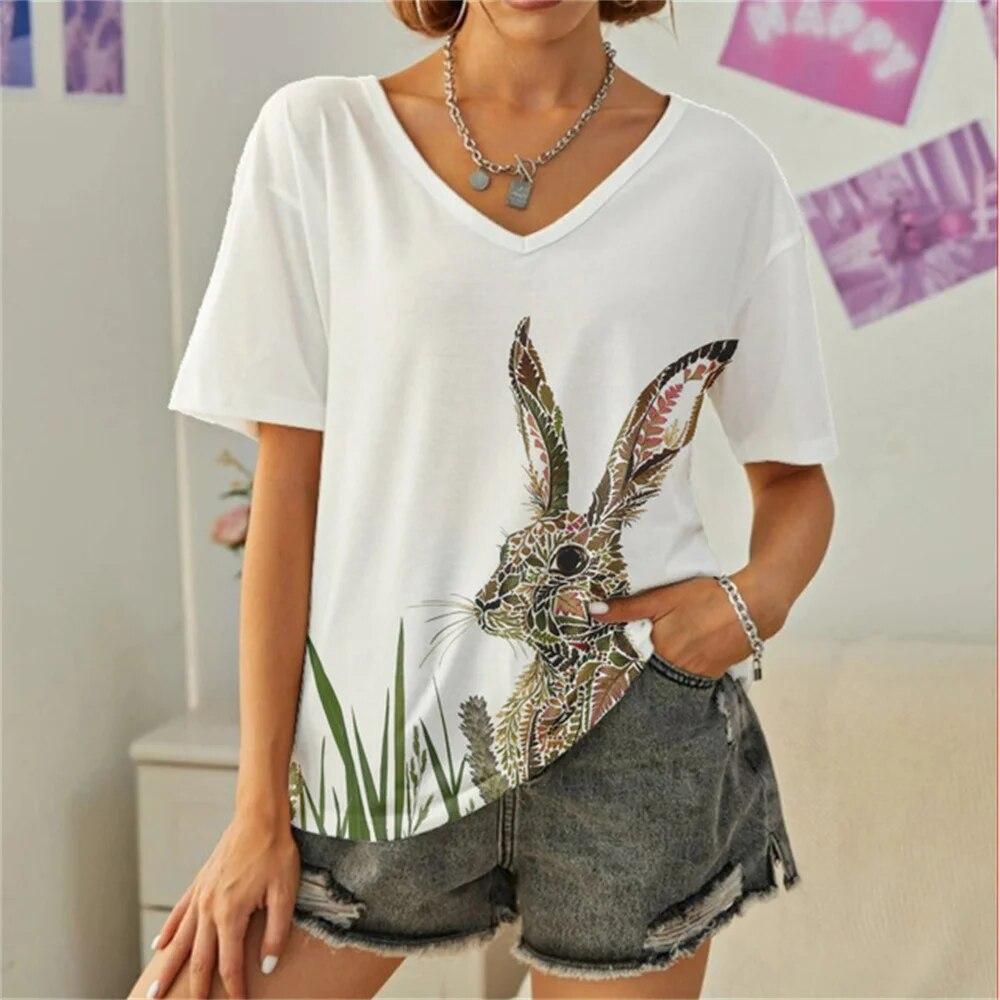Everyday Versatile Little White Rabbit 3D Print Casual Women T Shirt 2023 Summer Cartoon Short Sleeved Fashion Loose Ladies Top