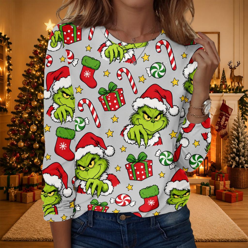 Women's Fashionable Casual Long Sleeve Crewneck Graphic Print Top for Everyday Wear
