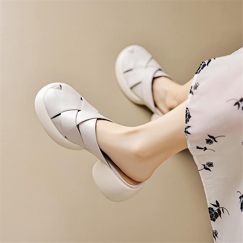 Fashion 2025 Summer Sandals Split Leather Round Toe Slippers Platform Gladiator Shoes Chunky Heels Shoes for Women Handmade High Heels