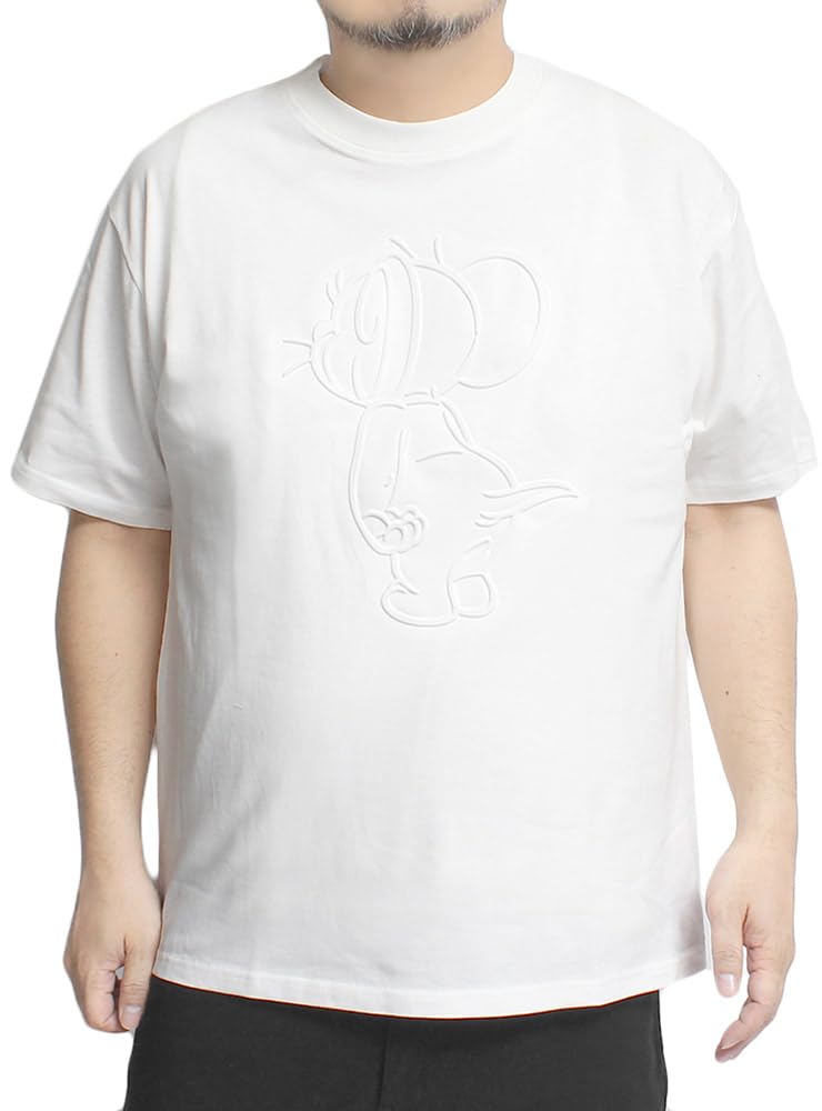 

One Colors TOM AND JERRY Men s Short Sleeve T-Shirt, Embossed Brushed Sagara Print, Crew Neck, Size 2L, White (A) (09)