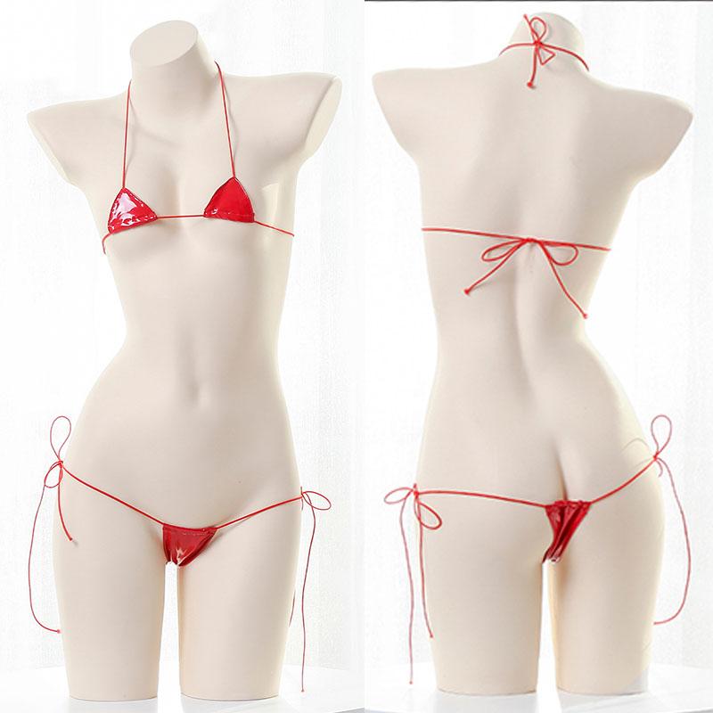 Sexy Micro Bikini Women Glossy PU Lingerie Erotic V-shaped Bodysuit Mini Underwear Cosplay Outfit