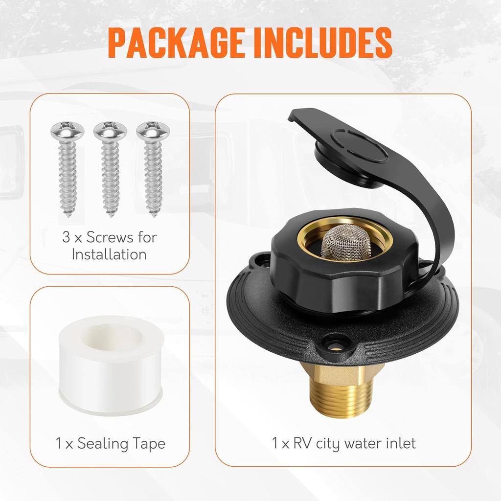 TONDA RV City Water Inlet With Check Valve, Brass Thread RV Water Fill Inlet Replacement, RV Water Hose Connector For Camper, Trailer, Motorhome