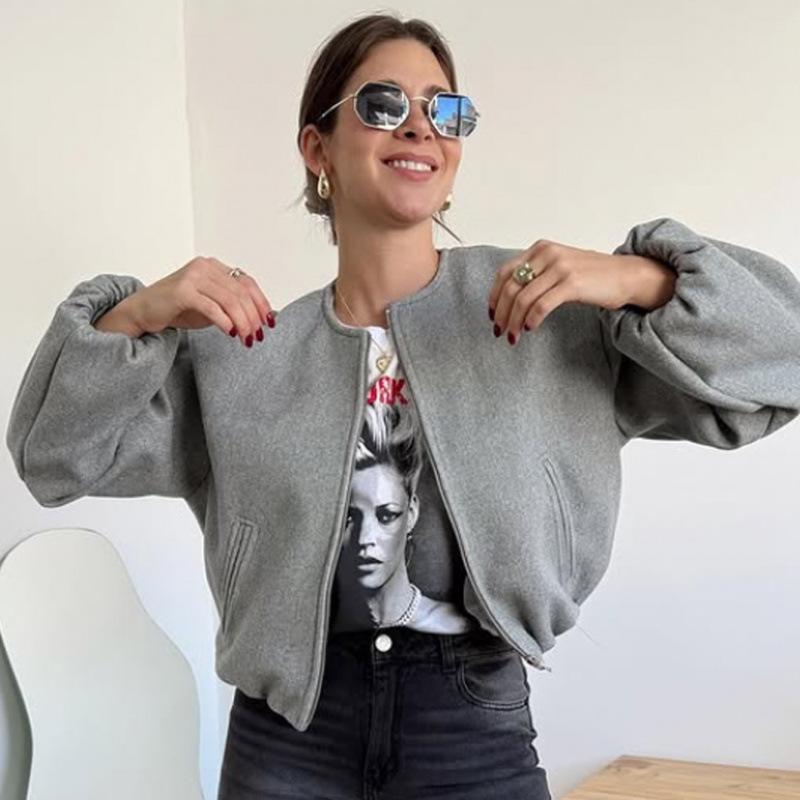 European and American Style, New Women's Clothing, Fashionable Versatile Round Neck Soft Short Bomber Jacket