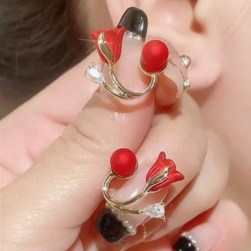 Two Wear Sweet Tulip Red Earrings For Women Luxury Post Hanging Ear Studs
