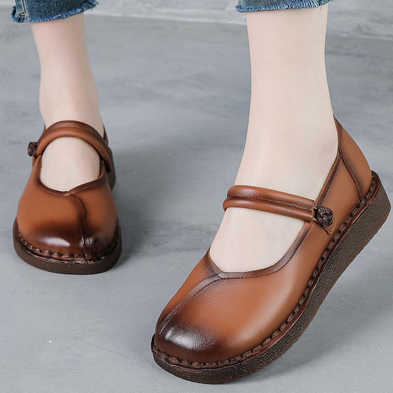 Nouvelles Chaussures d'Automne à Bout Large Vintage Femmes Cuir Véritable Ballerines à Lanières Dames Mocassins Col V Mère Luxe Semelle Épaisse Chaussure Plate