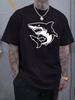 Shark Graphic Print Short Sleeve T-shirt - Black with White Dynamic Shark Design