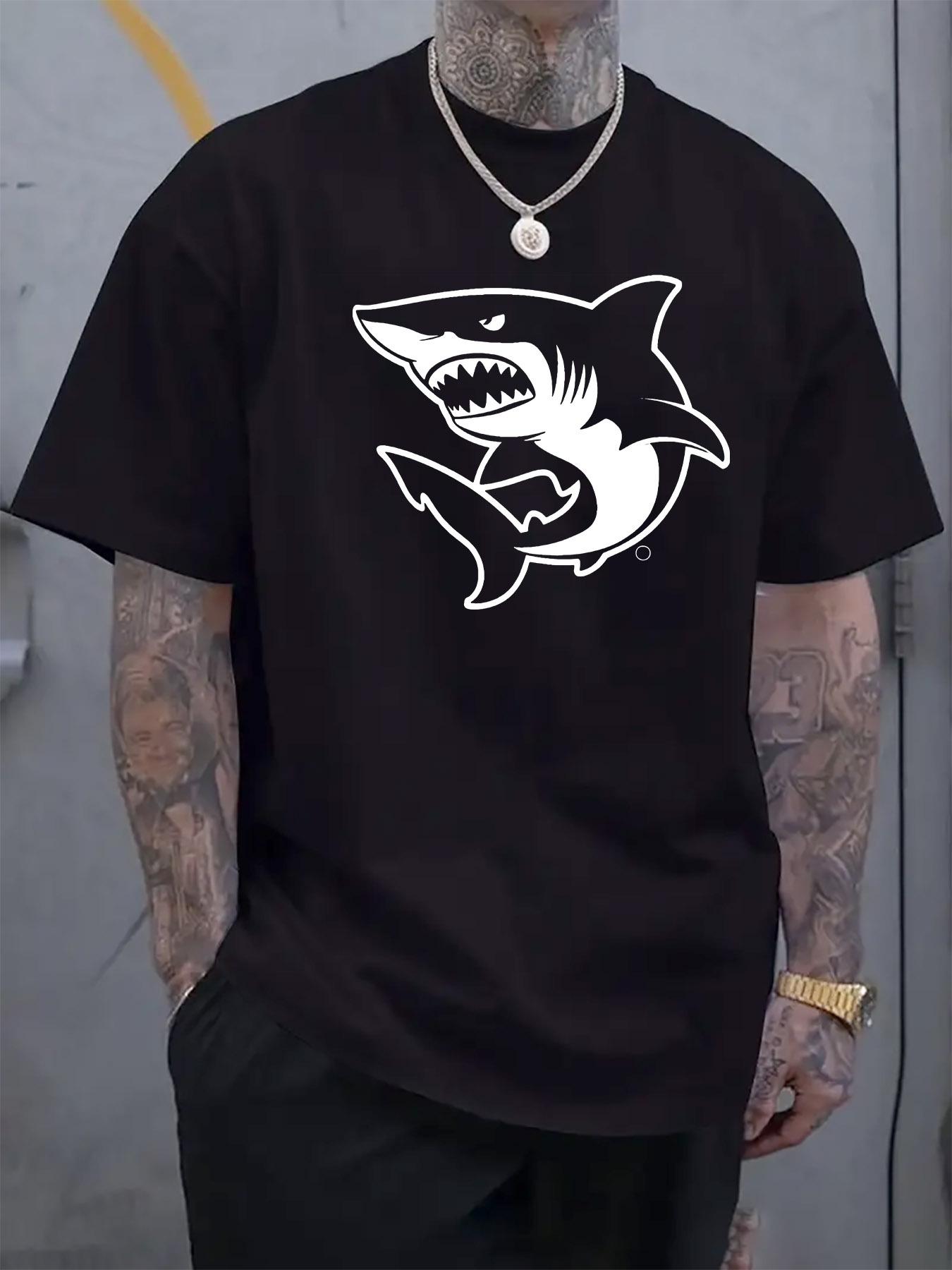 Shark Graphic Print Short Sleeve T-shirt - Black with White Dynamic Shark Design L