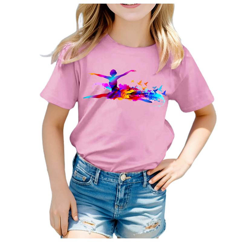 Stylisches Rundhals-T-Shirt mit Tanz-Print, Bunte kurzärmelige Sommer-Top für mittlere bis große Größen, Trendiger Cartoon-Baby-Sommerw