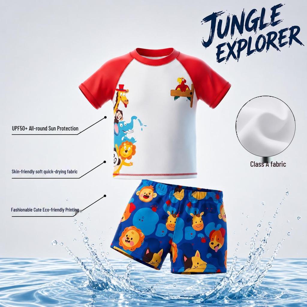Boys' Quick-Dry Sun Protection Two-Piece Swimsuit with Printed Short Sleeve and Beach Pants