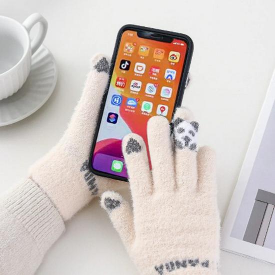 Women's Winter Touchscreen Wool Gloves - Thick Velvet, Warm & Cute Cycling Five-Finger Cold-Proof Design