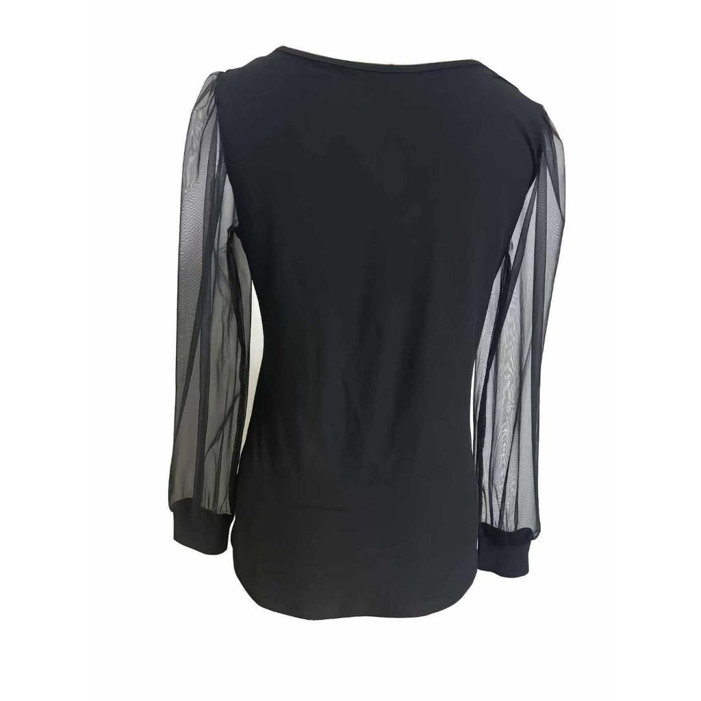 Spring Autumn Women's Solid Color Mesh Lantern Sleeve Slim Fit Long Sleeve Shirt for Leisure Fashion