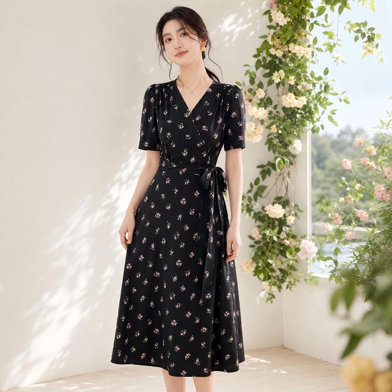 Women s V-Neck Floral Print A-Line Midi Dress L