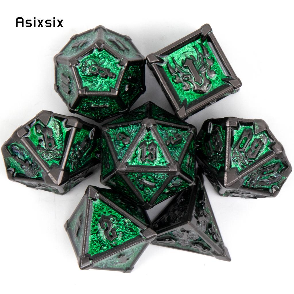 7 Pcs Black Green Skull Metal Dice Solid Metal Polyhedral Dice Set Suitable for Role-Playing RPG Board Game Card Game